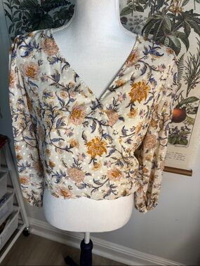 Joie Floral Wrap Blouse in Cream, Gold and Blue